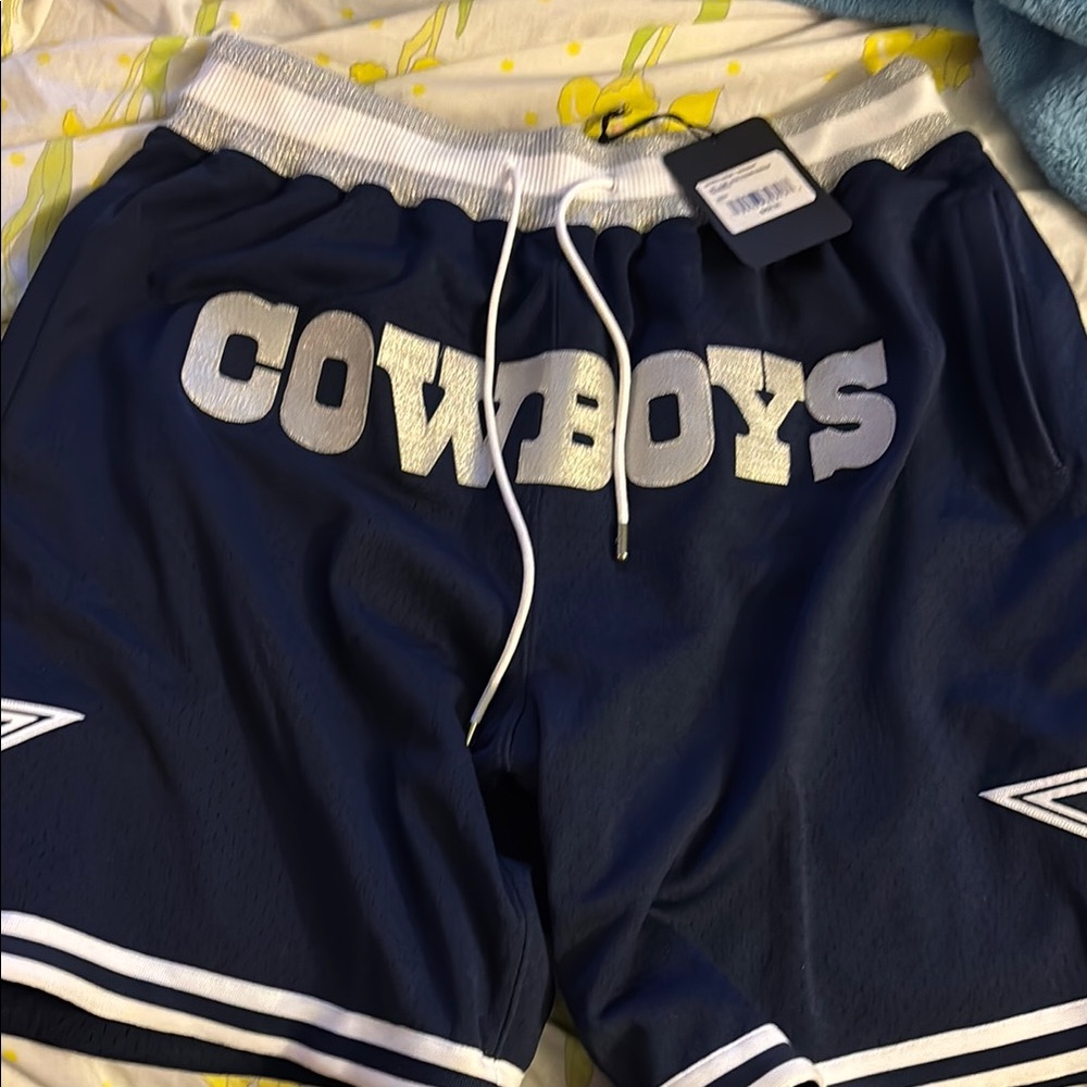 Just Don Blue Athletic Shorts with Cowboys Print and White Stripes. NEVER WORN!